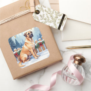 Bullmastiff Winter Forest Holly Christmas Art Square Sticker