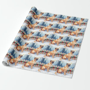 Bullmastiff Winter Forest Holly Christmas Art Wrapping Paper