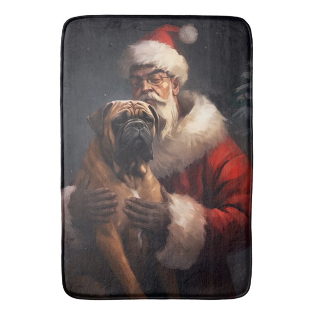 Bullmastiff With Santa Claus Festive Christmas  Bath Mat (Front Vertical)