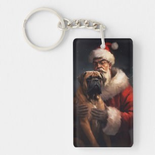 Bullmastiff With Santa Claus Festive Christmas Keychain