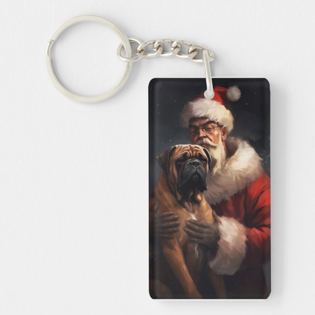 Bullmastiff With Santa Claus Festive Christmas  Keychain (Front)