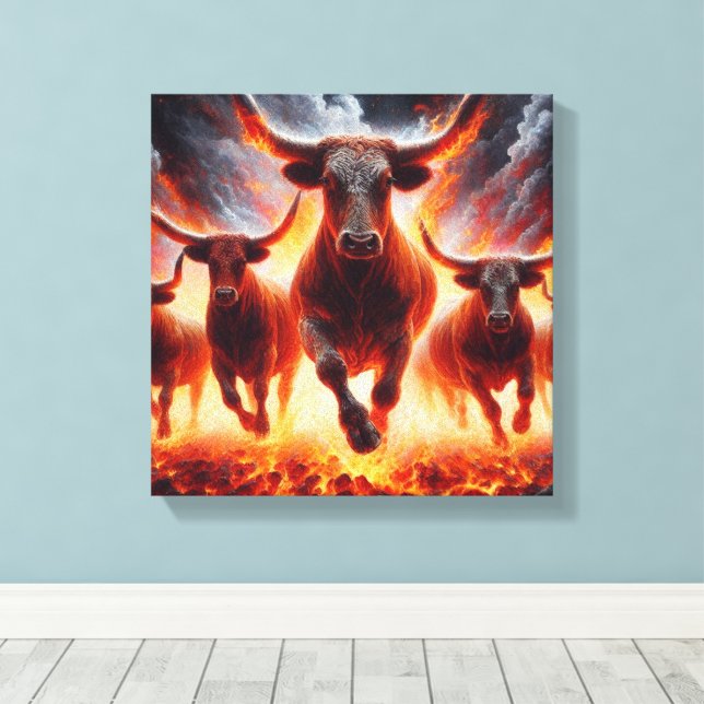 Bulls Charging Through a Fiery Landscape Canvas Print (Insitu(Wood Floor))
