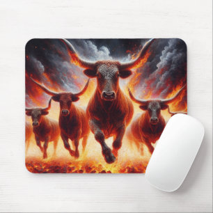 Bulls Charging Through a Fiery Landscape Mouse Pad