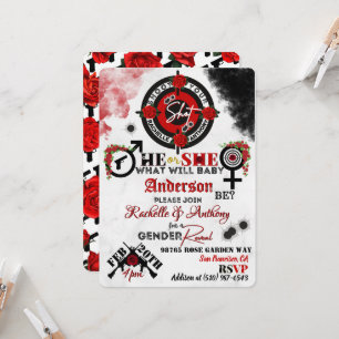 Bullseye Guns or Roses Red Black Gender Reveal Invitation