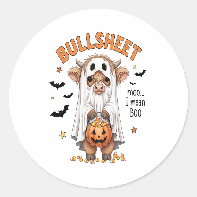 Bullsheet Highland Cow Funny Ghost Classic Round Sticker (Front)