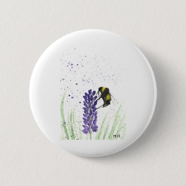Bumble bee and lavender watercolor 2 inch round button (Front)