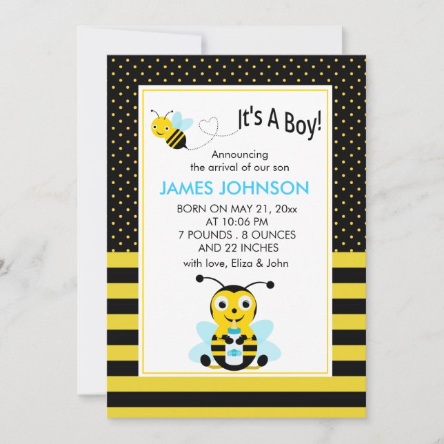 Bumble Bee Baby Boy Birth Annoucement Card (Front)