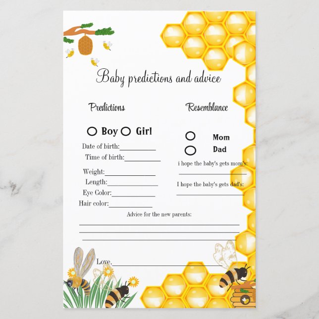 Bumble Bee baby shower  prediction game baby showe (Front)