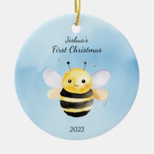 Bumble Bee Blue First Christmas Personalized Ceramic Ornament