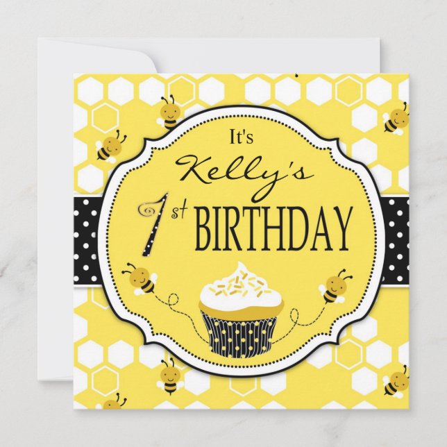 Bumble Bee Cupcake First Birthday Invitation (Front)