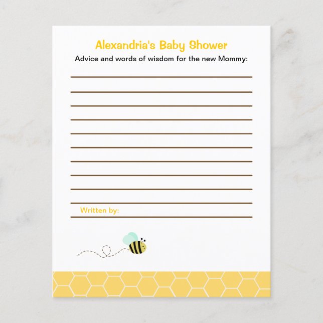 Bumble Bee Custom Flyer Baby shower Conseils Carte (Devant)