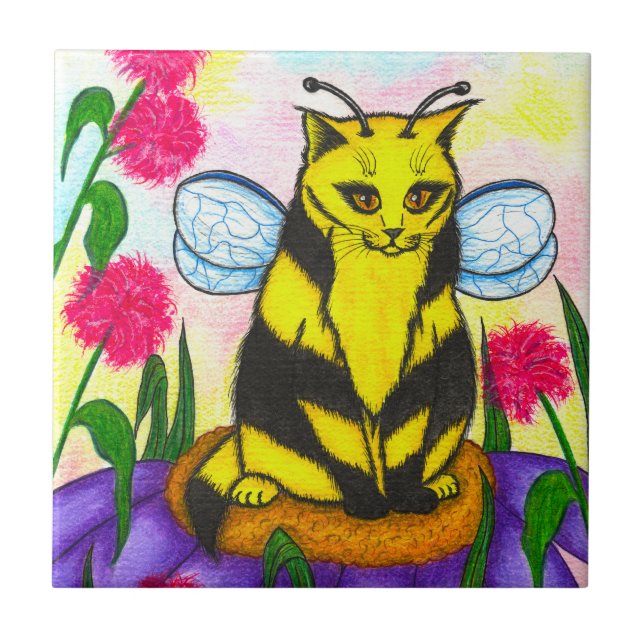 Bumble Bee Fairy Cat Fantasy Art Tile (Front)