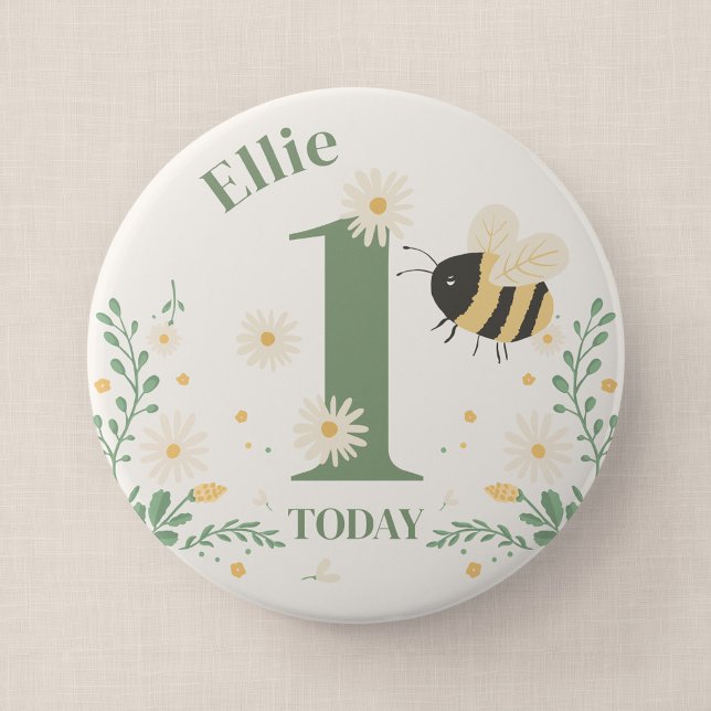 Bumble Bee First Bee-Day Birthday Badge 4 Inch Round Button (Wildflower Flight - Milestone Birthday 4" Badge)