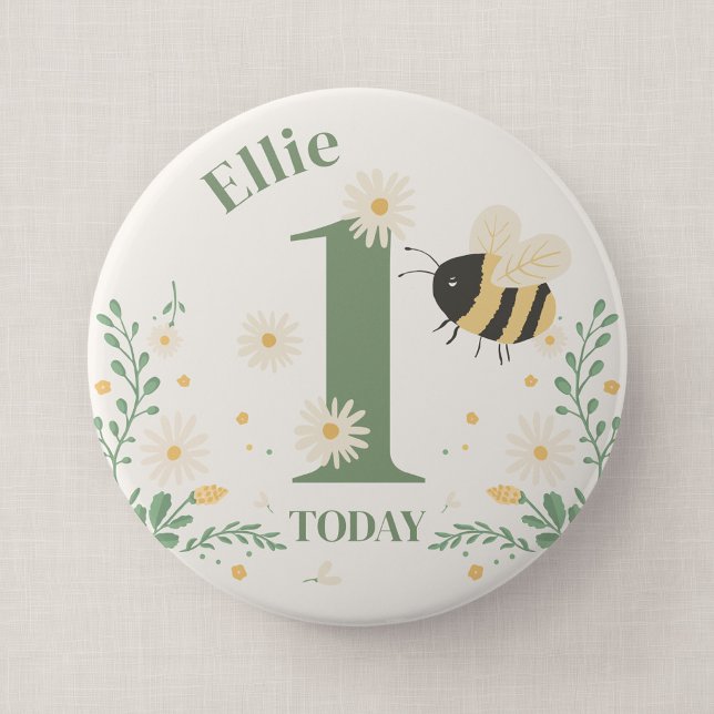 Bumble Bee First Bee-Day Birthday Badge 4 Inch Round Button (Wildflower Flight - Milestone Honey Bee Birthday 4" Badge)