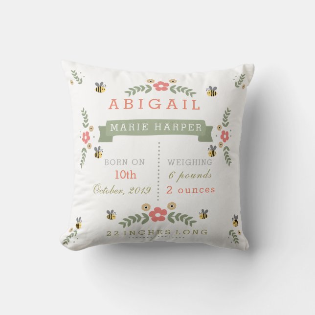 Bumble Bee Floral Garden Baby Stats Pillow (Front)