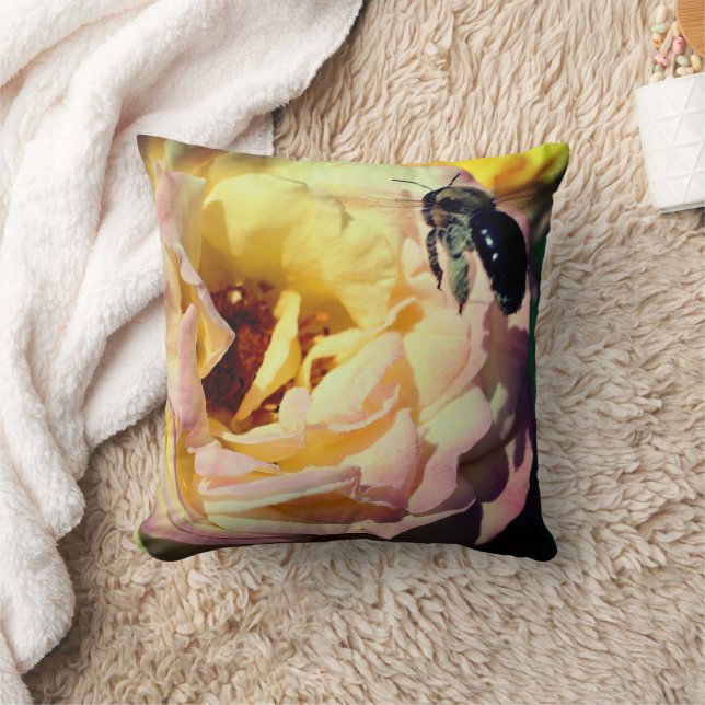 Bumble Bee Flying Into Pink Rose Close Up  Throw Pillow (Blanket)