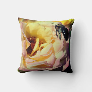 Bumble Bee Flying Into Pink Rose Close Up  Throw Pillow