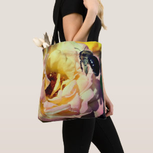 Bumble Bee Flying Into Pink Rose Close Up Tote Bag