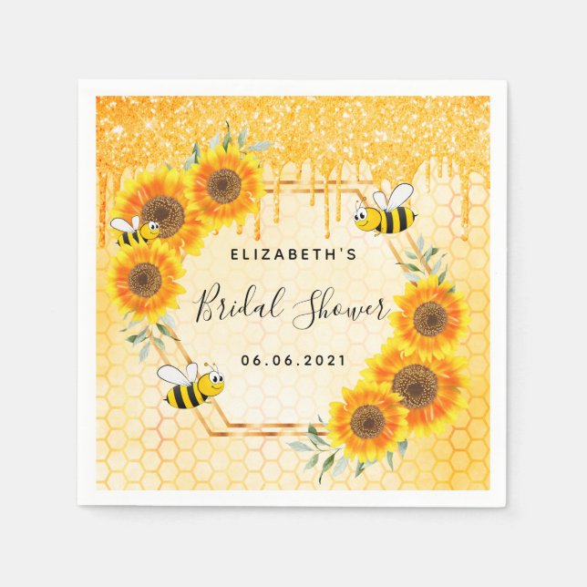 Bumble bee gold glitter sunflowers bridal shower napkin (Front)