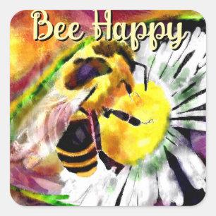 Bumble Bee Happy Daisy Flower Floral Watercolor Square Sticker