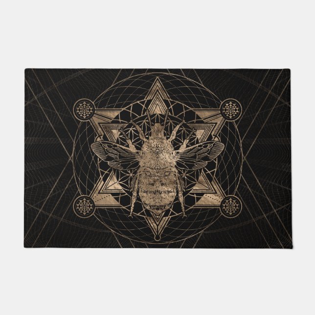 Bumble Bee in Sacred Geometry - Black and Gold Doormat (Front)