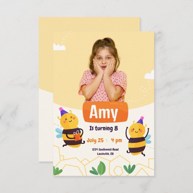 Bumble Bee Modern Photo Birthday Invitation (Front/Back)