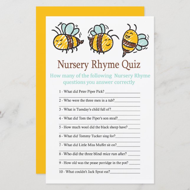 Bumble Bee Nursery Rhyme Quiz baby shower game (Front/Back)