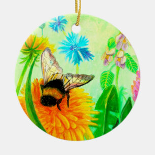 Bumble Bee on a Dandelion Flower Illustration   Ceramic Ornament
