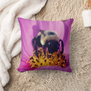 Bumble Bee On Cosmos Flower   Throw Pillow