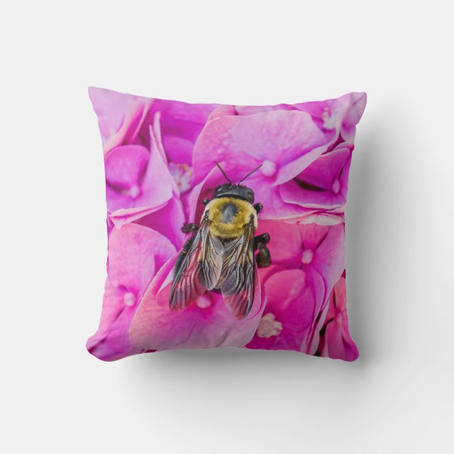 Bumble Bee On Hydrangea Throw Pillow (Front)