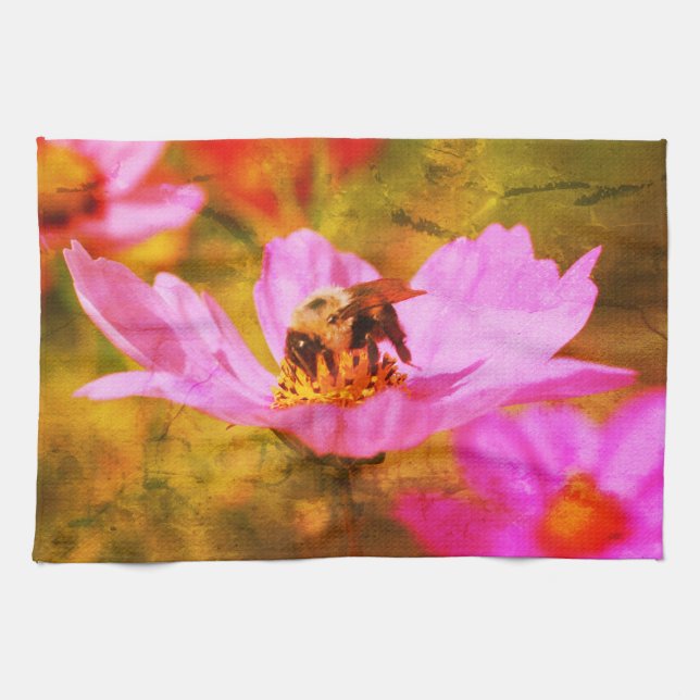 Bumble Bee On Pink Cosmos Flower Abstract Kitchen Towel (Horizontal)