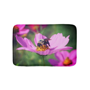 Bumble Bee On Pink Cosmos Flower Close Up Bath Mat