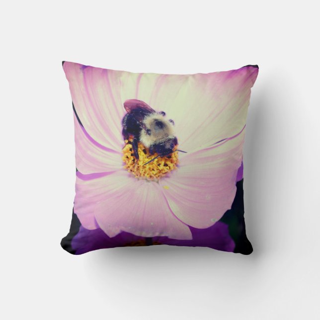 Bumble Bee On Pink Cosmos Flower Close Up  Throw Pillow (Front)
