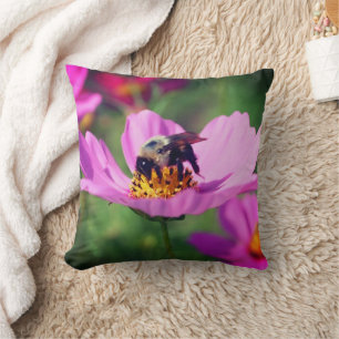 Bumble Bee On Pink Cosmos Flower Close Up  Throw Pillow