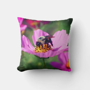 Bumble Bee On Pink Cosmos Flower Close Up  Throw Pillow