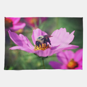 Bumble Bee On Pink Cosmos Flower Kitchen Towel