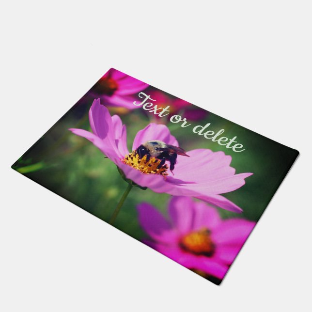 Bumble Bee On Pink Cosmos Flower Personalized Doormat (Angled)