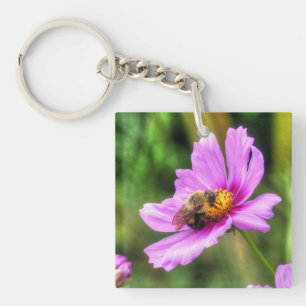 Bumble Bee on Pink Cosmos Keychain