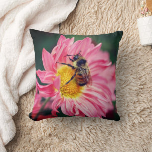 Bumble Bee On Pink Daisy Flower 2   Throw Pillow