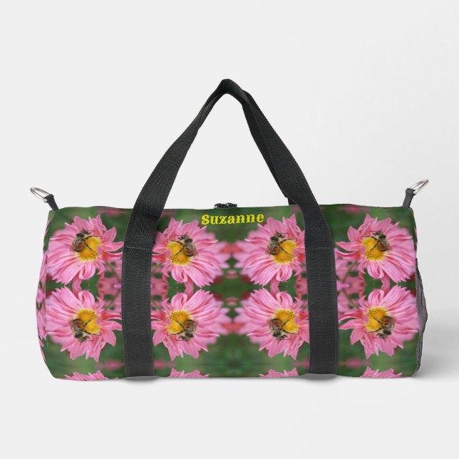 Bumble Bee On Pink Daisy Flower Personalized Duffle Bag (Front)