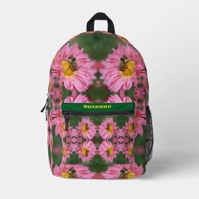 Bumble Bee On Pink Daisy Flower Personalized Printed Backpack (Front)