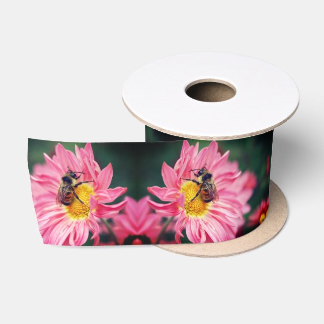 Bumble Bee On Pink Daisy Flower   Satin Ribbon (Spool)