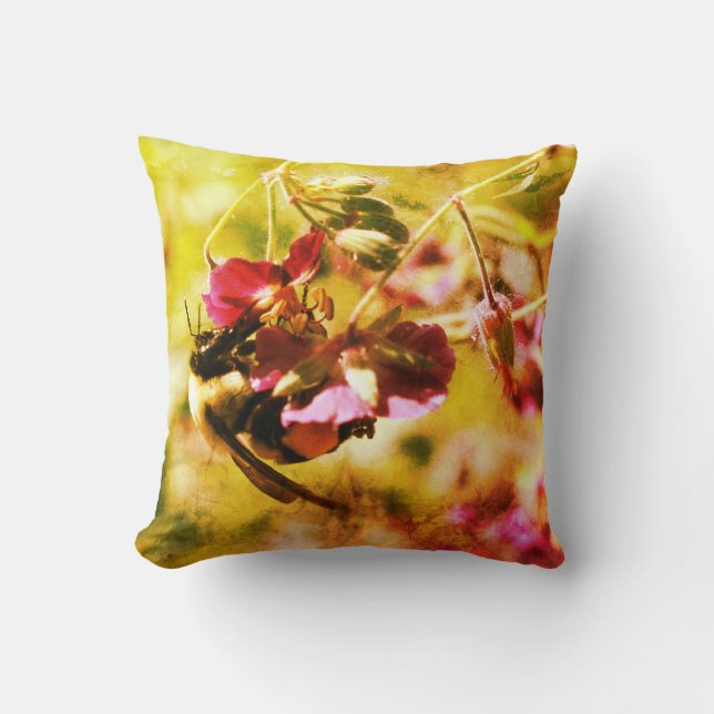 Bumble Bee On Pink Flower Abstract Grunge Throw Pillow (Front)