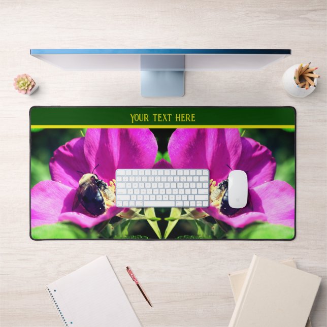 Bumble Bee On Pink Rose Nature Personalized Desk Mat (Office 1)