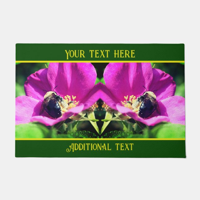 Bumble Bee On Pink Rose Nature Personalized Doormat (Front)