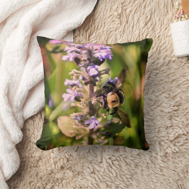 Bumble Bee On Purple Flower Close Up Throw Pillow (Blanket)