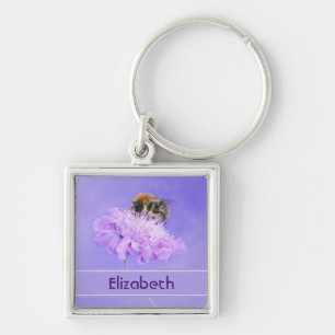 Bumble Bee Perched on a Pink Flower Personalized Keychain