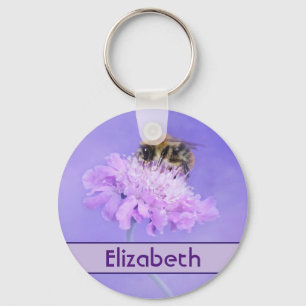 Bumble Bee Perched on a Pink Flower Personalized Keychain