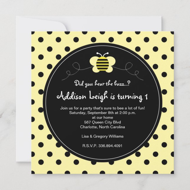 Bumble Bee Polka Dots- Birthday Invitation (Front)