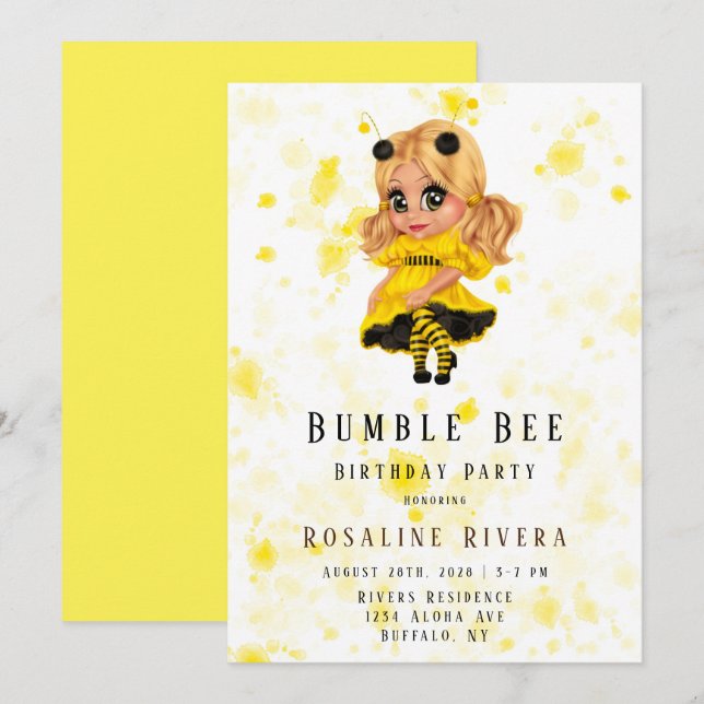 Bumble Bee Preteen Girl Birthday Party Invitation (Front/Back)